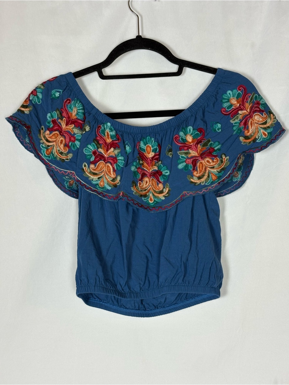 Surf Gypsy Blue Off-Shoulder Embroidered Ruffle Top